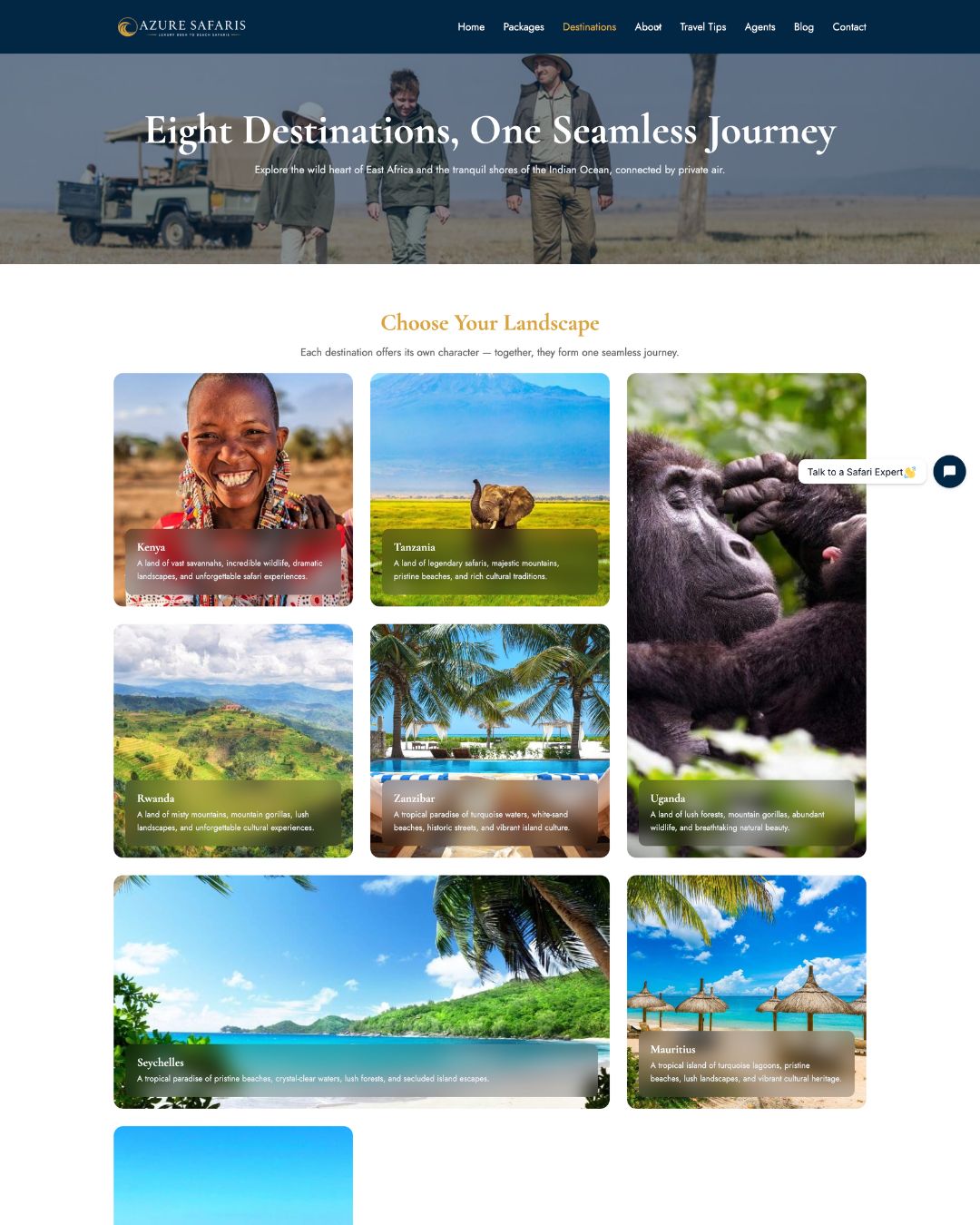 Azure Safaris Destinations page